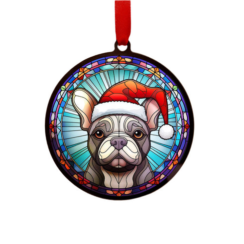 French Bulldog Grey in Santa Hat Suncatcher Decoration